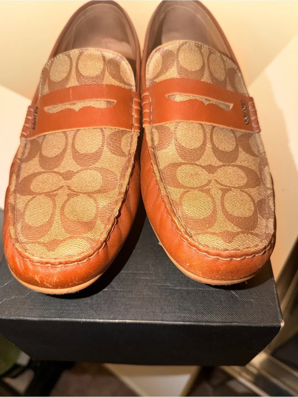 Coach Men's Brown Leather & Signature Canvas Slip-On Loafers